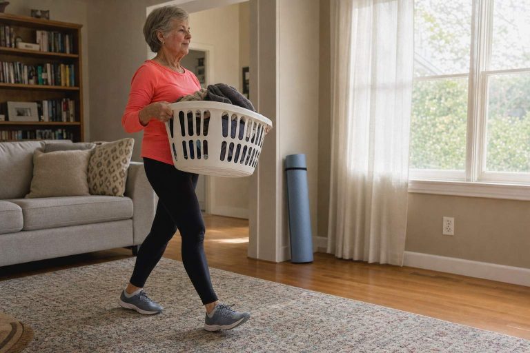 An older woman carrying a loaded laundry basket across her living room as a walking exercise