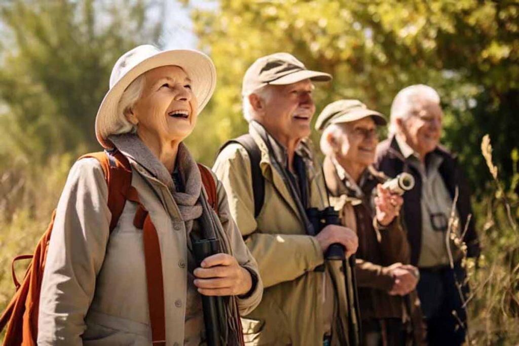 A group of seniors watching birds in the nature