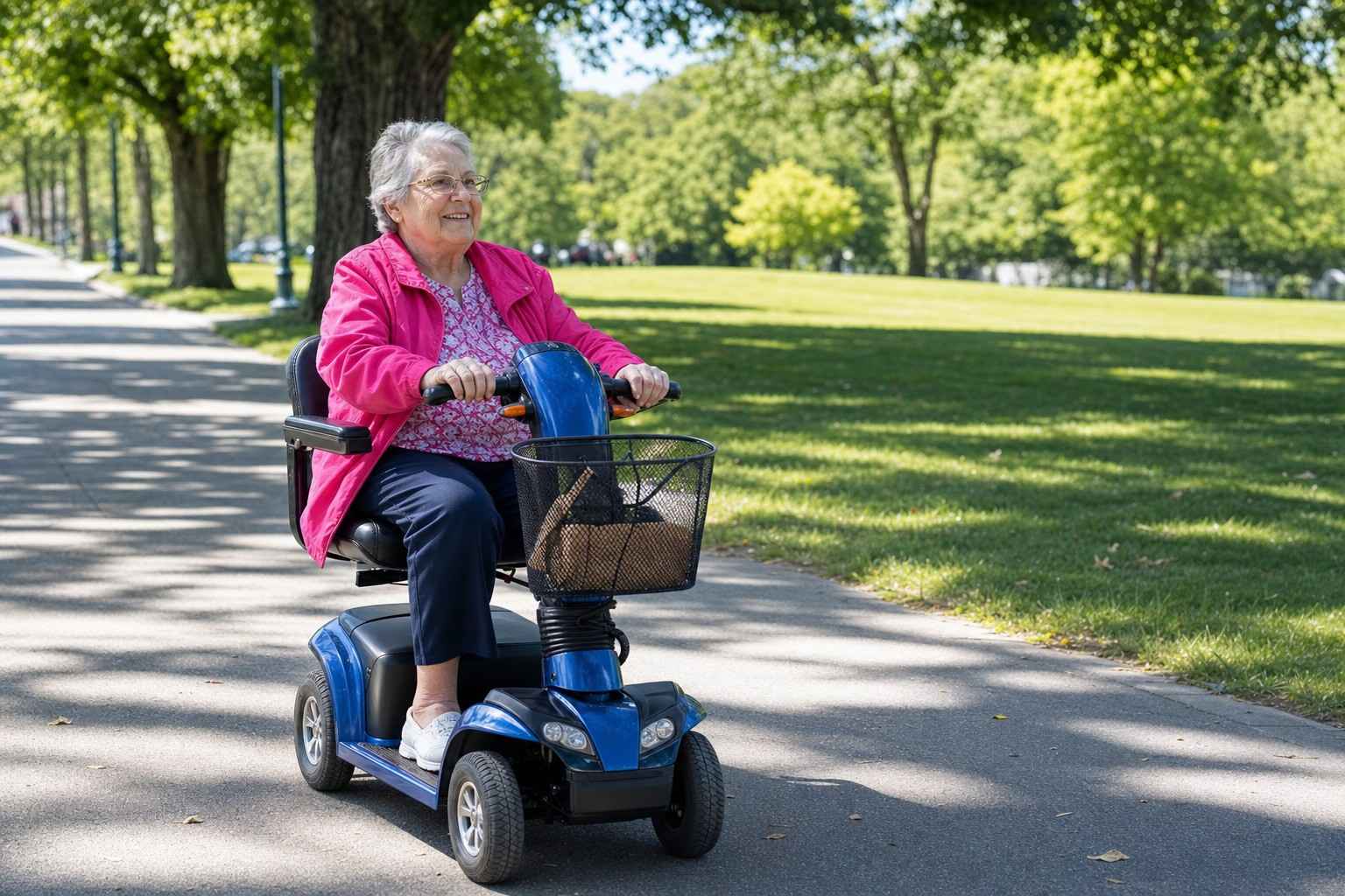 An older adult riding a mobility scooter along a park path.