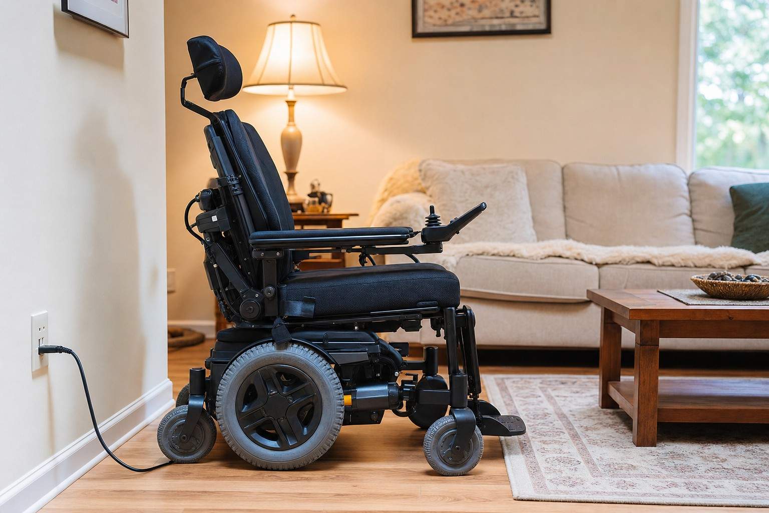 An electric wheelchair charging beside an outlet in a living room.
