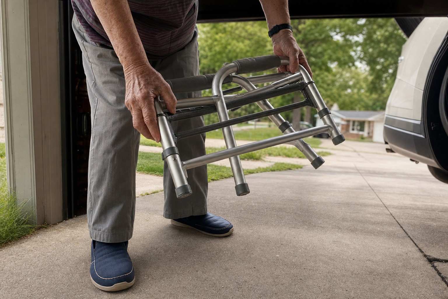 Hands lifting a folding walker beside a car in a carport.