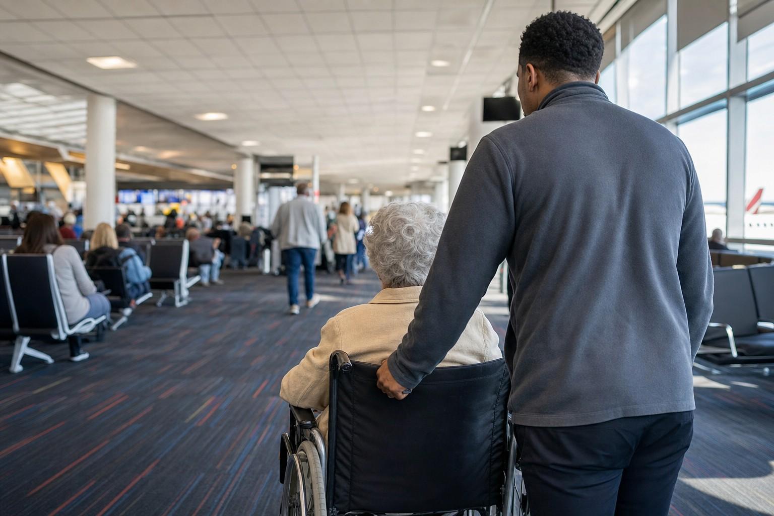 An airport attendant pushing an older adult through the terminal.