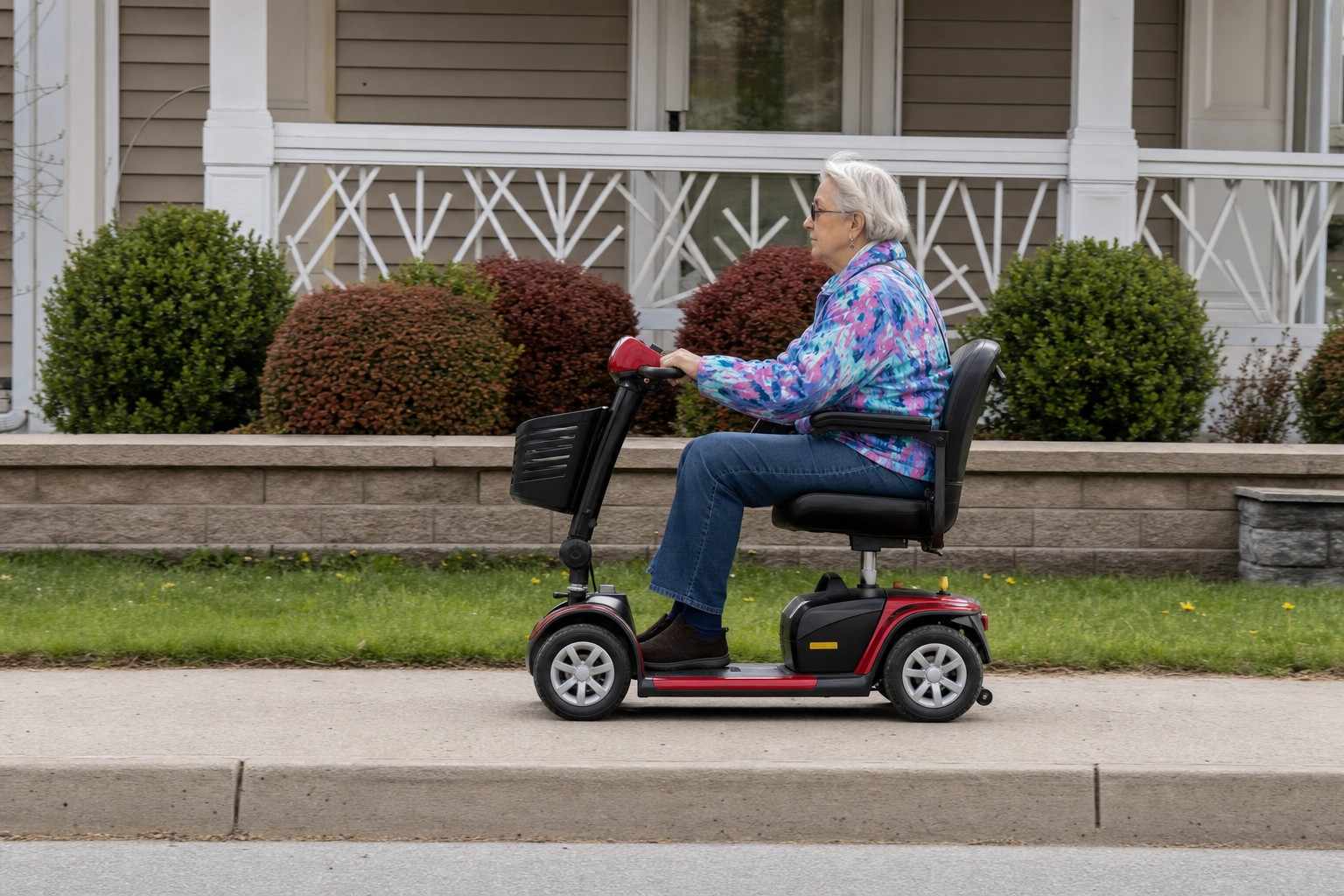 An older adult driving a mobility scooter along a sidewalk.
