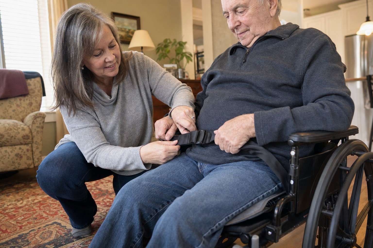 A helper checking a safety strap on someone seated in a wheelchair.