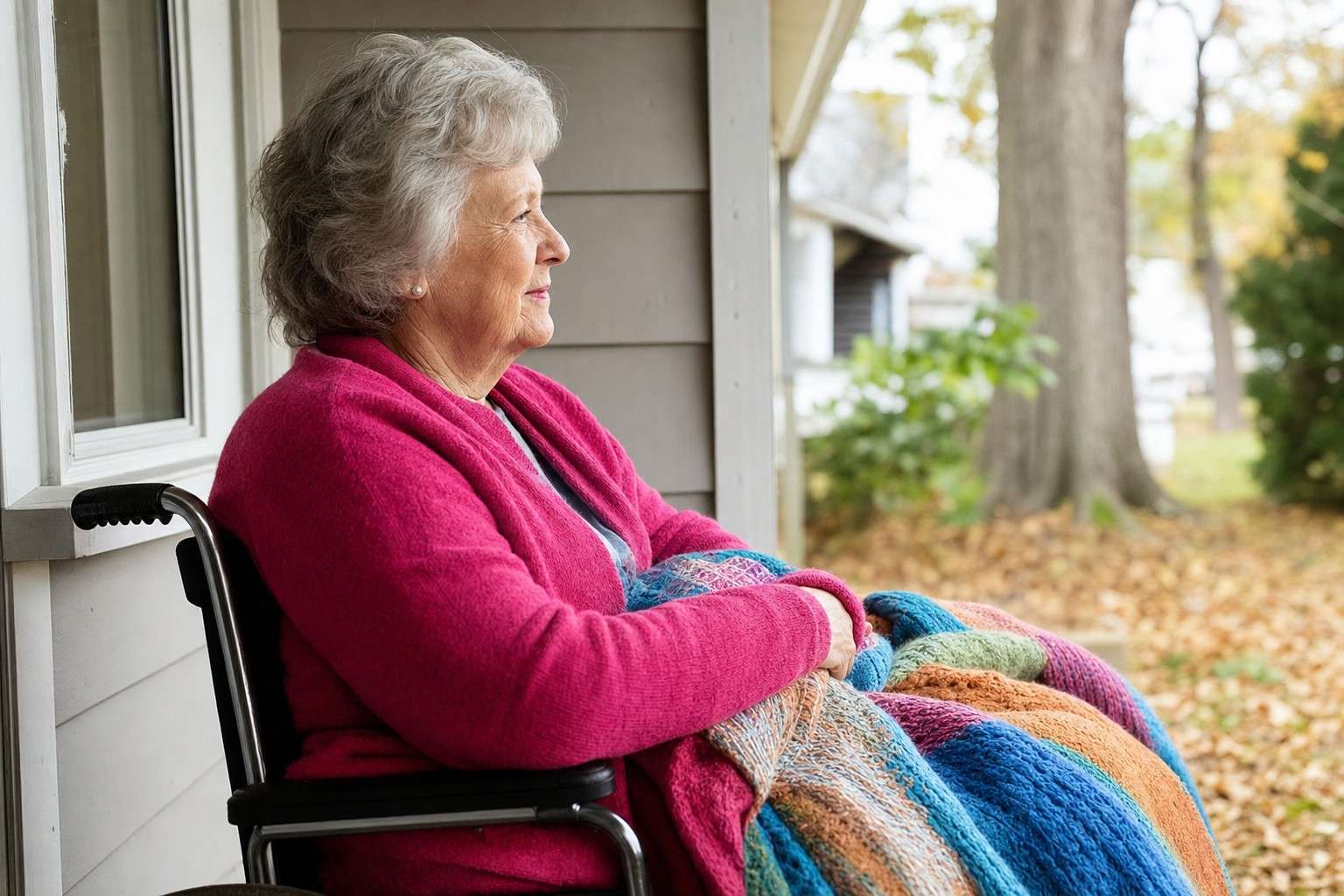 An older adult in a wheelchair wrapped in a bright blanket on a porch.