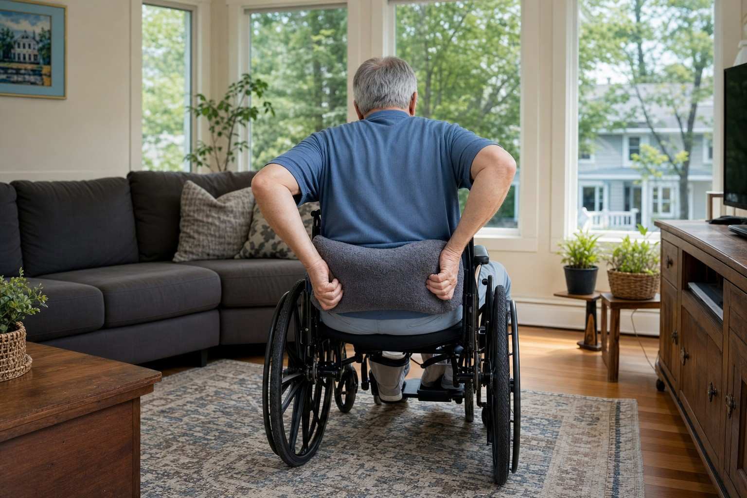 An older adult in a wheelchair adjusting a cushion at home.