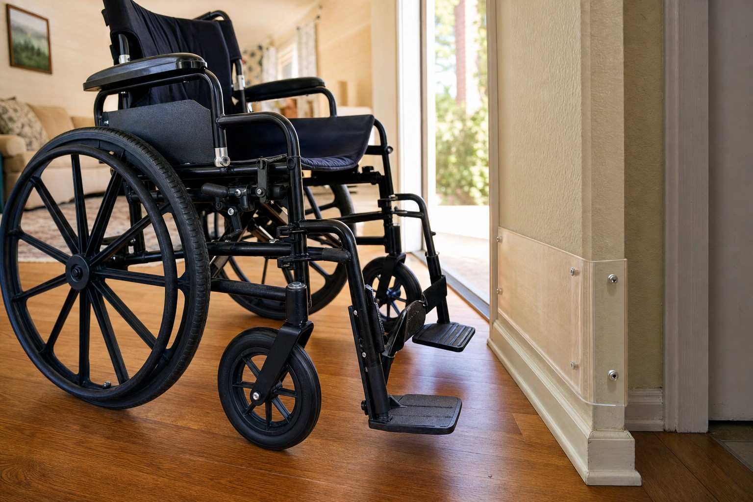 A wheelchair near a doorway with a clear wall corner guard.