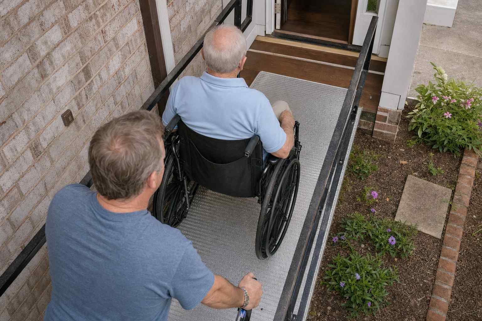 A helper pushing an older adult in a wheelchair up a ramp.
