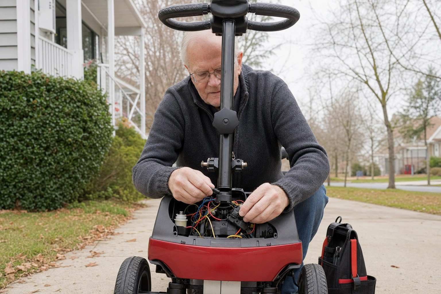 Hands inspecting the control panel of a mobility scooter on a driveway.