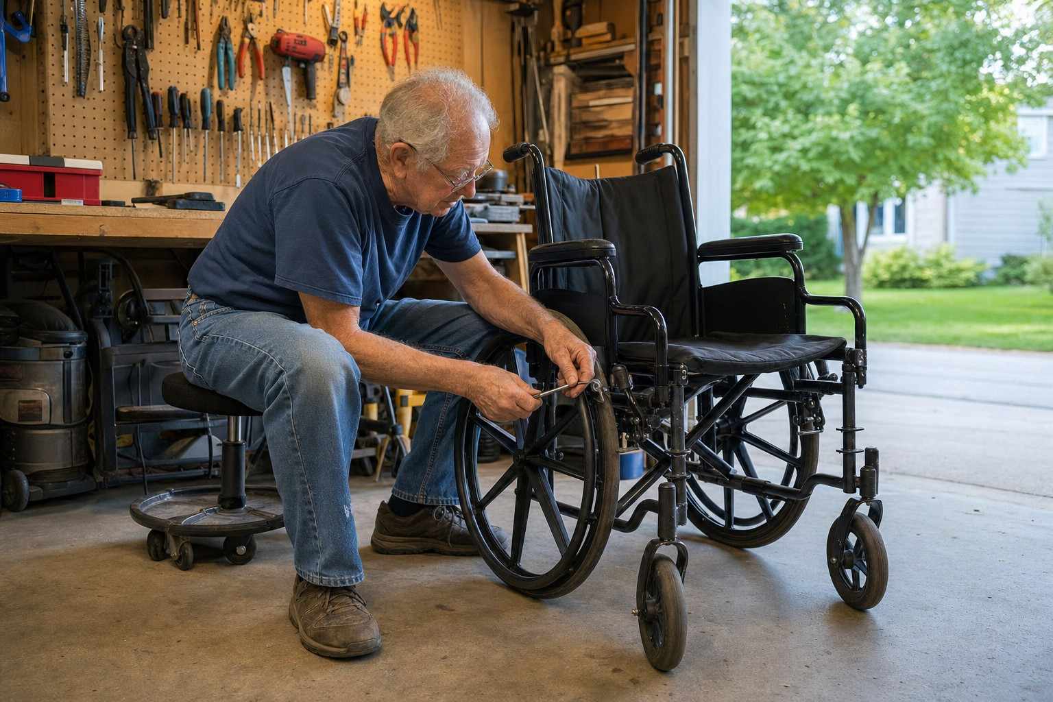 Hands tightening a wheelchair brake lever in a home garage.