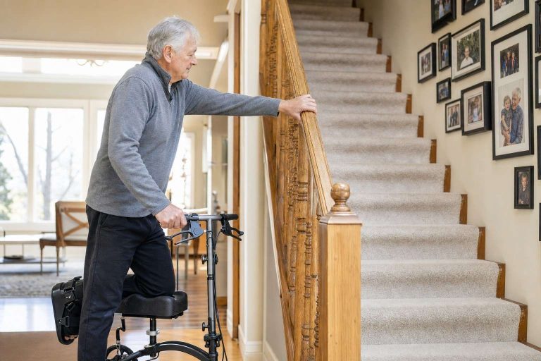 An older adult with a knee walker pausing at a staircase railing.