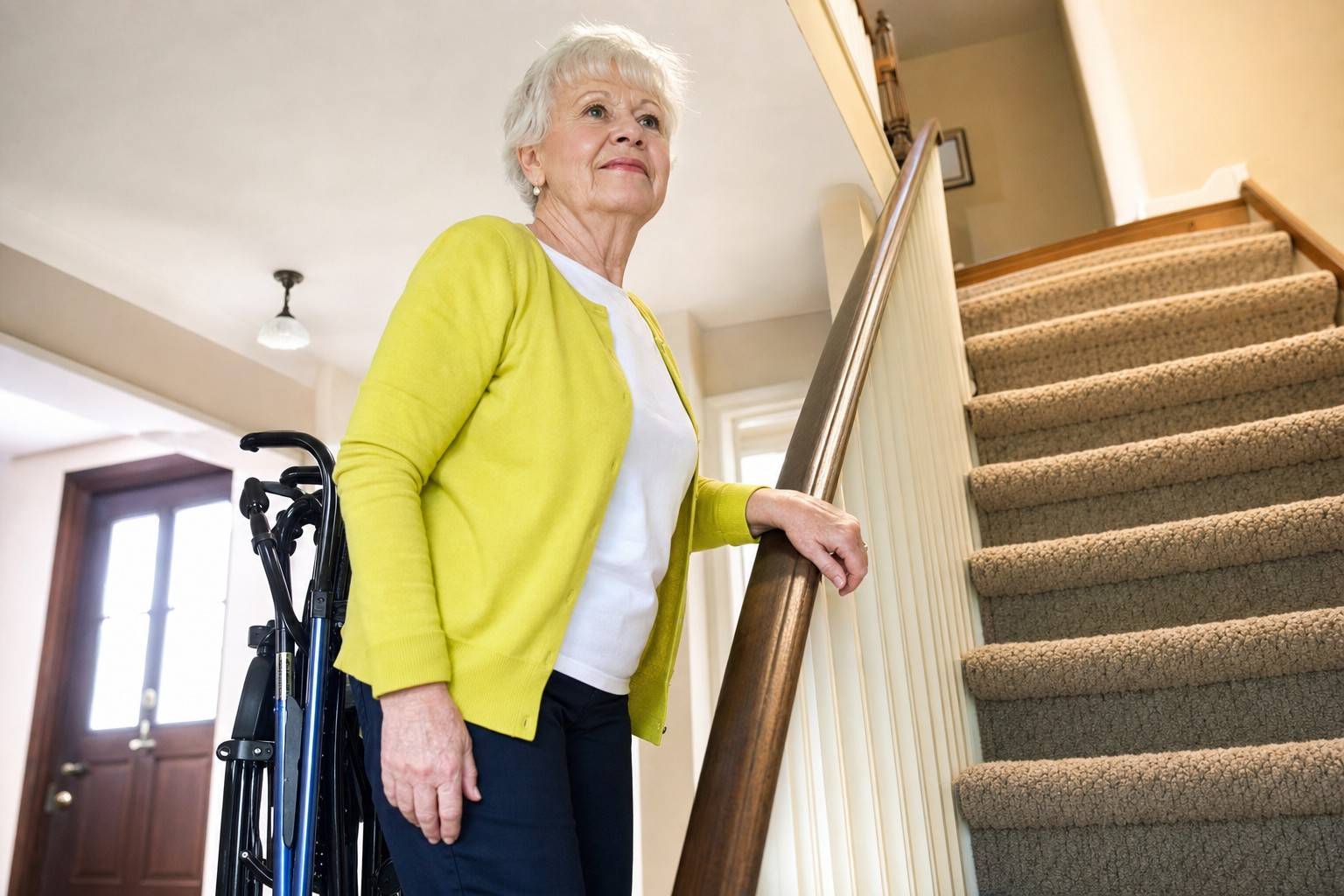 An older adult holding a stair railing with a walker nearby.