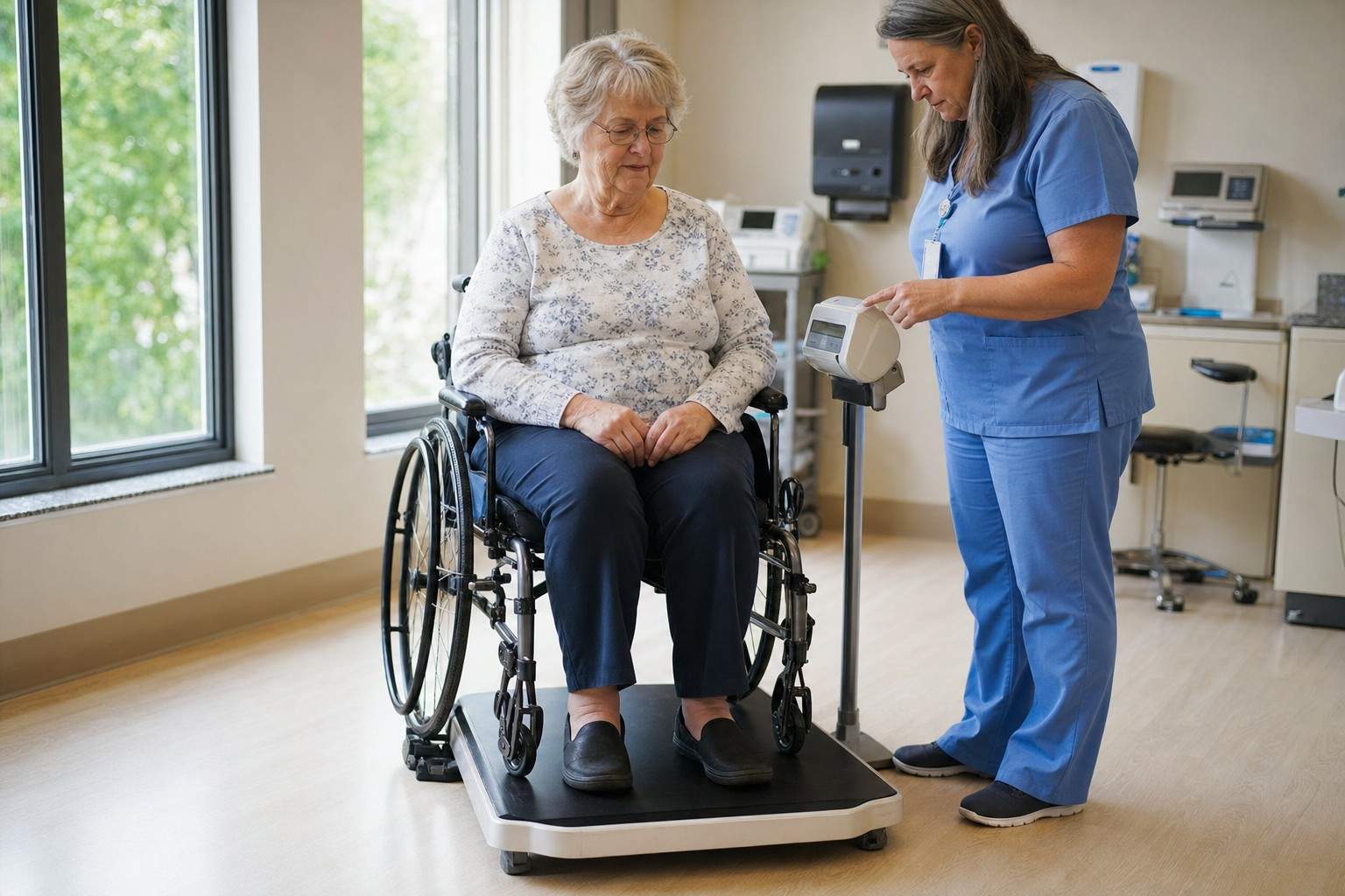 A clinician weighing an older adult who remains seated in a wheelchair.