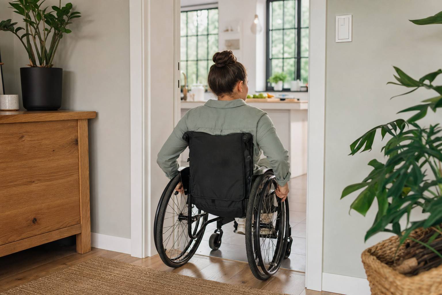 Person in a wheelchair passing through a home doorway