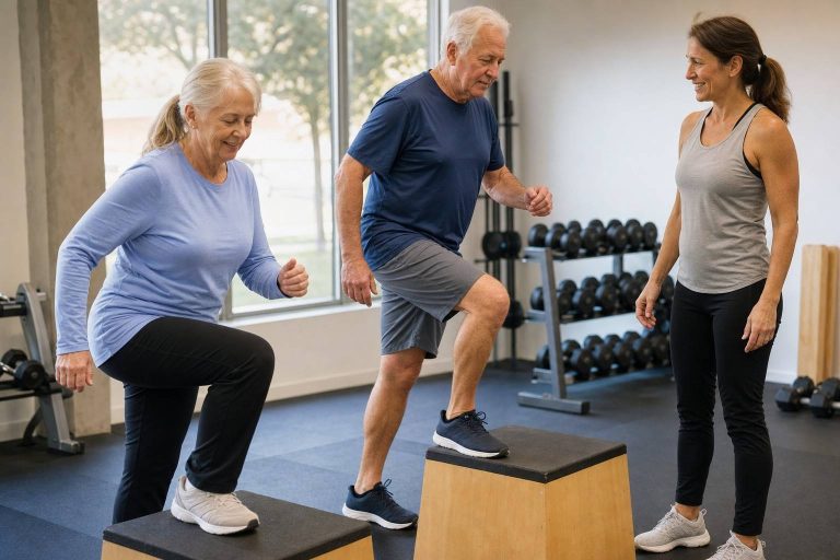 A small group of older adults doing supervised step-ups in a bright functional fitness studio while a coach watches