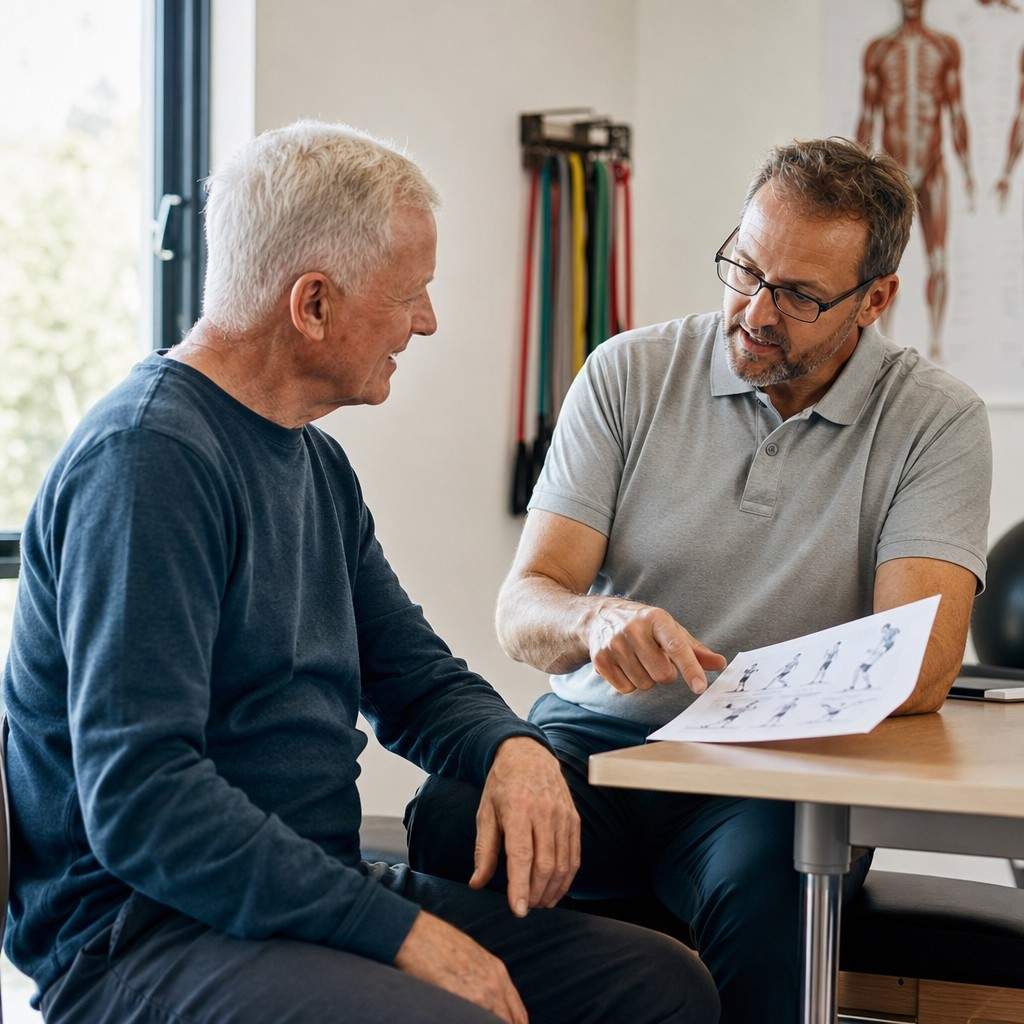 An older man reviewing an exercise plan with a physical therapist at a clinic table