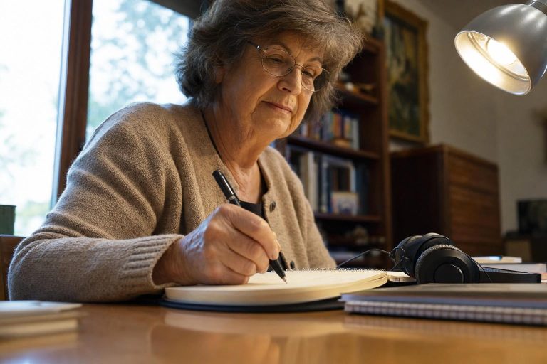 An older adult writing in a notebook at a desk with headphones.