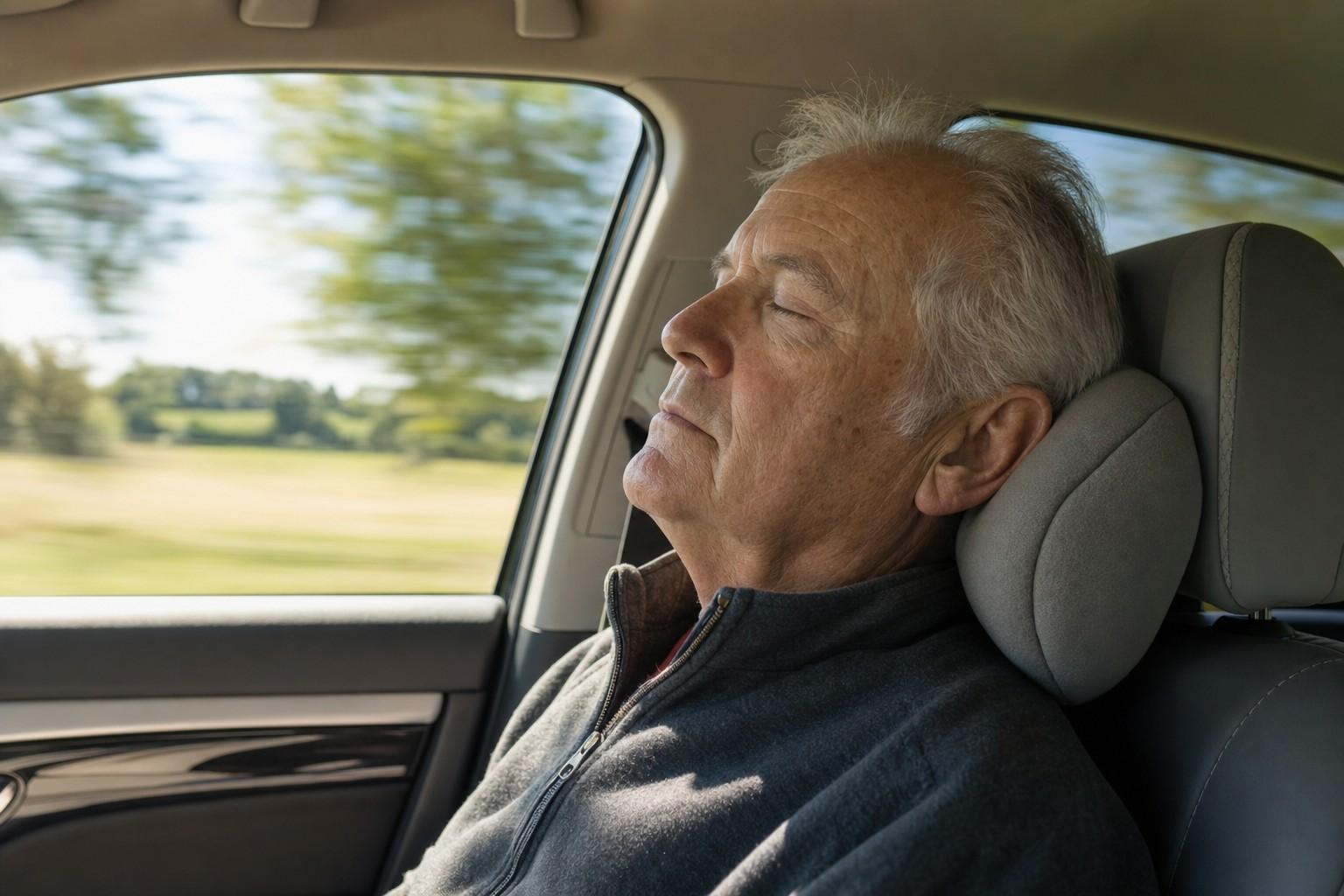 An older man resting against a support pillow in a passenger seat during a long journey