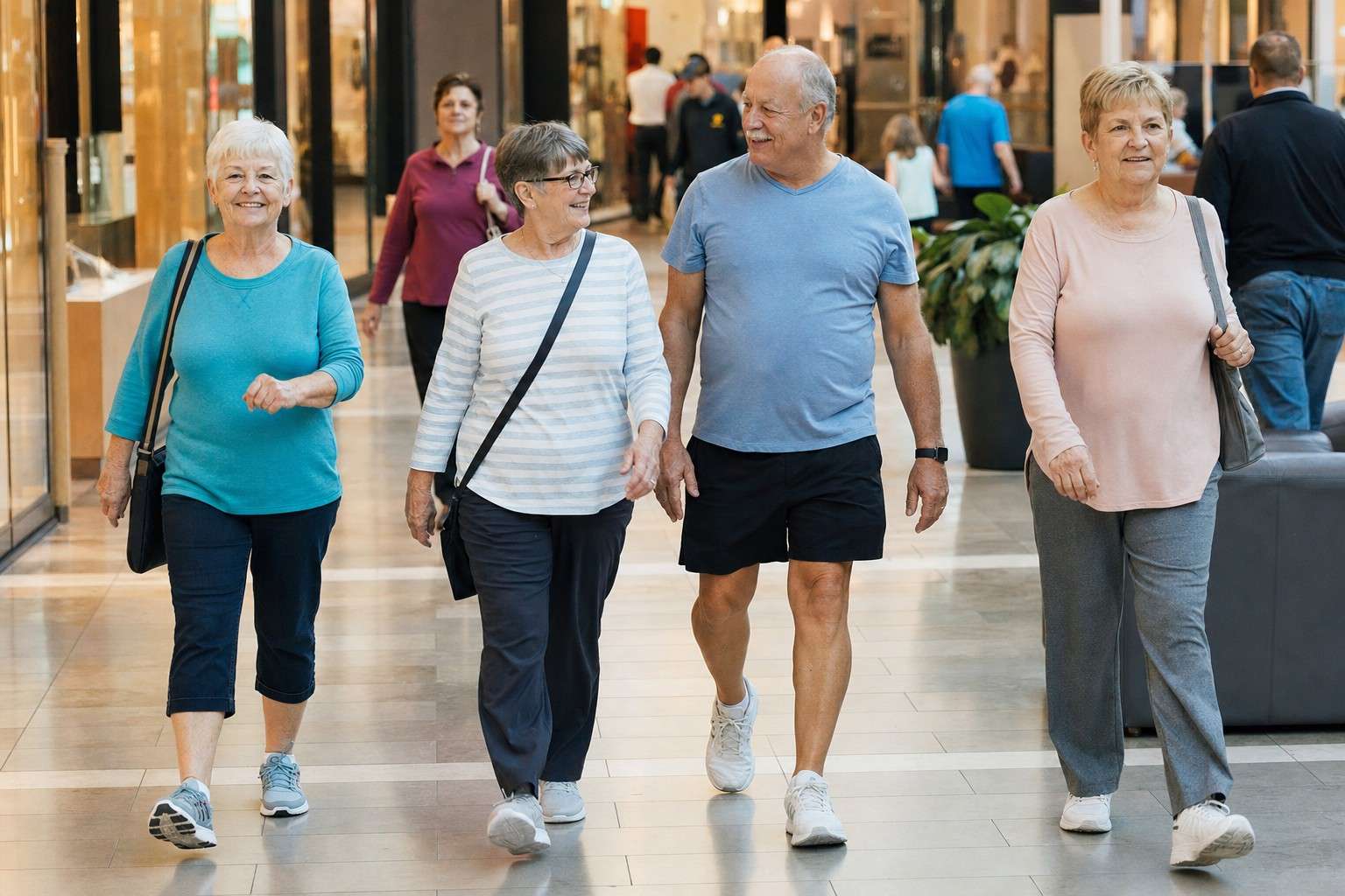 A group of older adults walking together through a mall corridor.