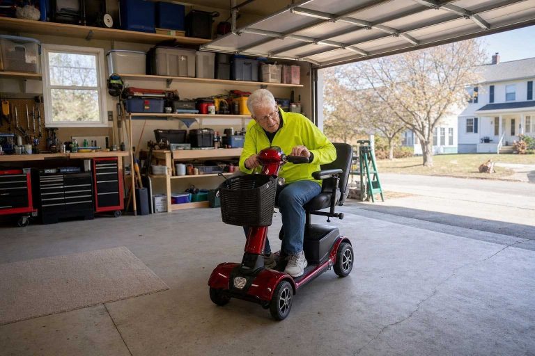 An older adult checking a mobility scooter dashboard in a garage.