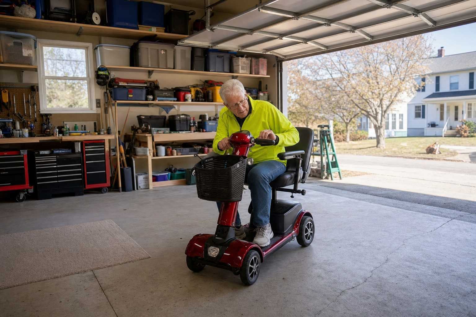 An older adult checking a mobility scooter dashboard in a garage.