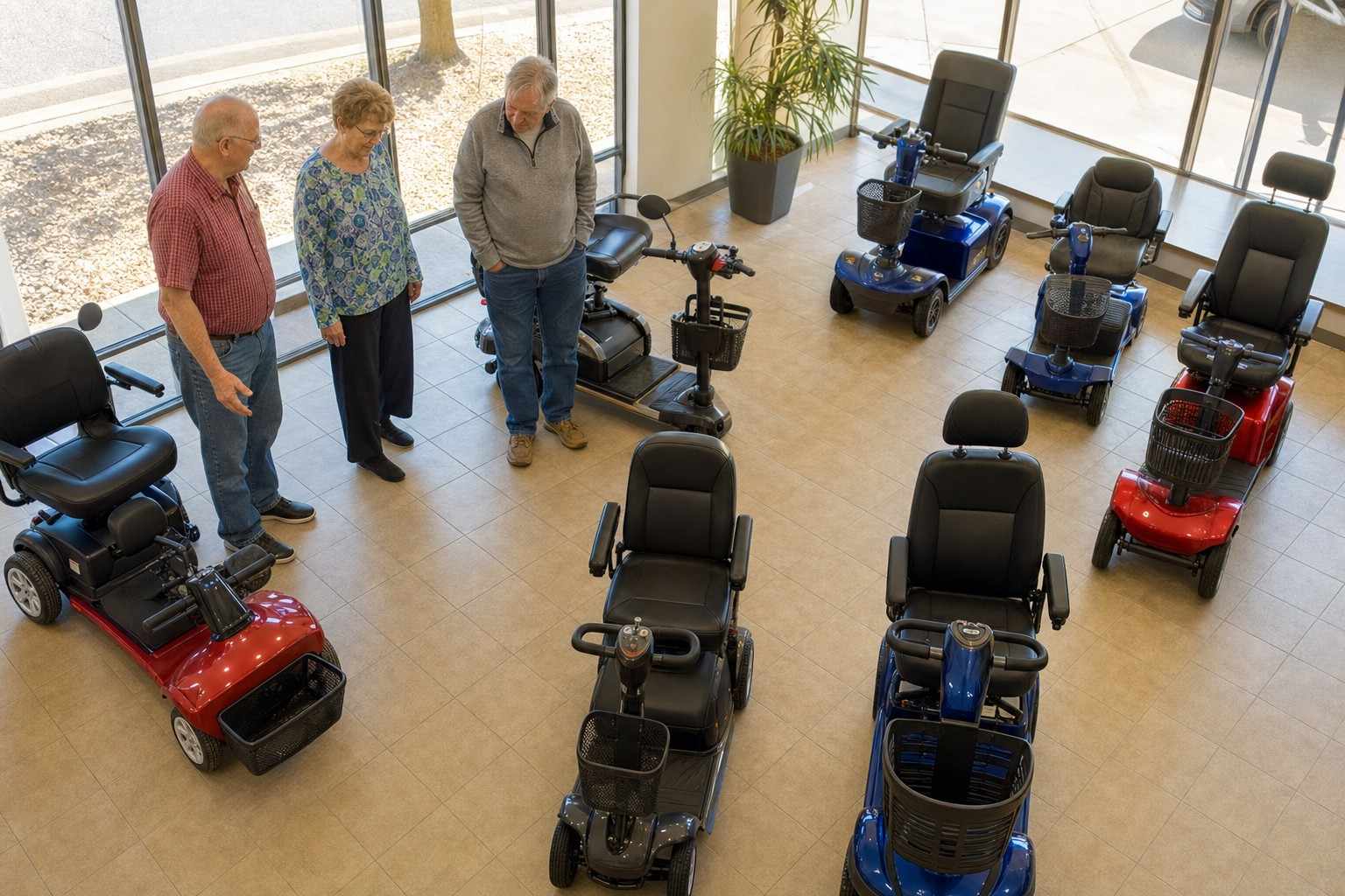 Several mobility scooters of different sizes arranged in a showroom.