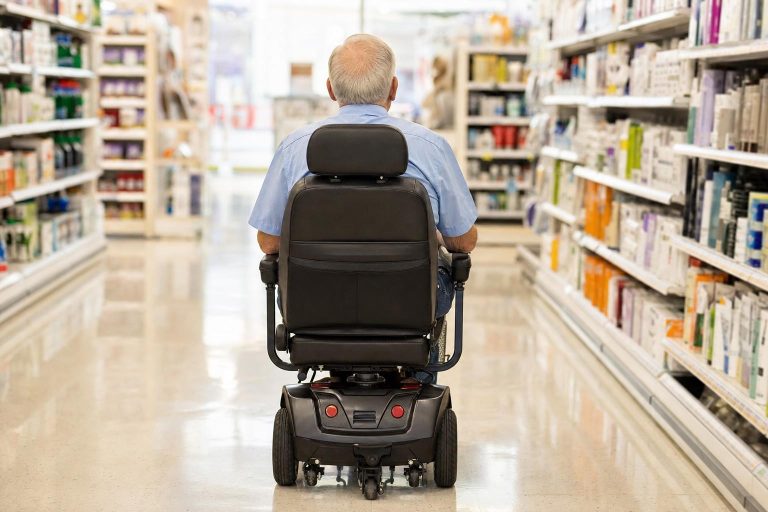 An older adult riding a mobility scooter down a store aisle.