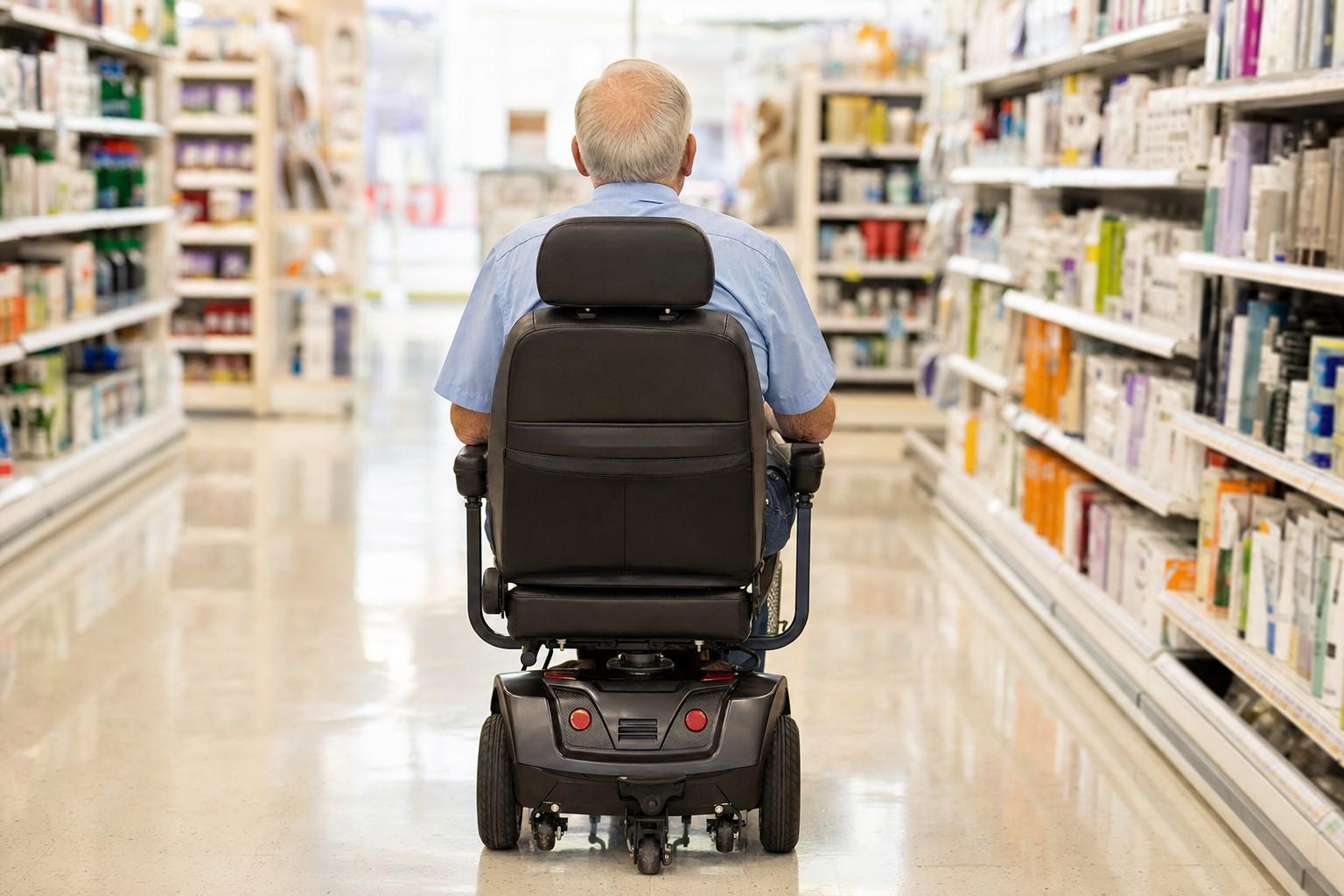 An older adult riding a mobility scooter down a store aisle.