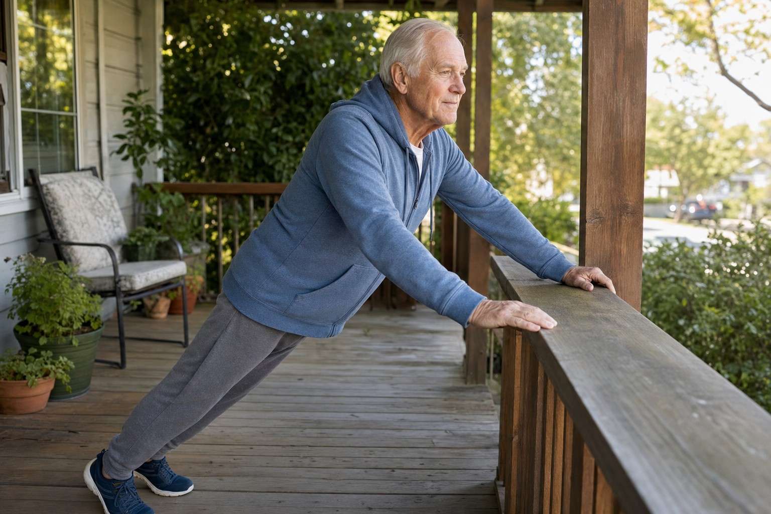 An older man doing an incline push-up against a sturdy porch railing