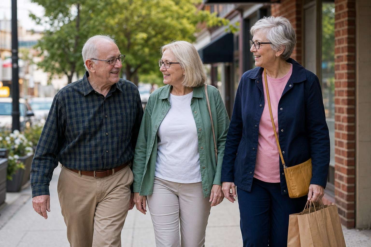 A group of older adults walking and chatting on a sidewalk.