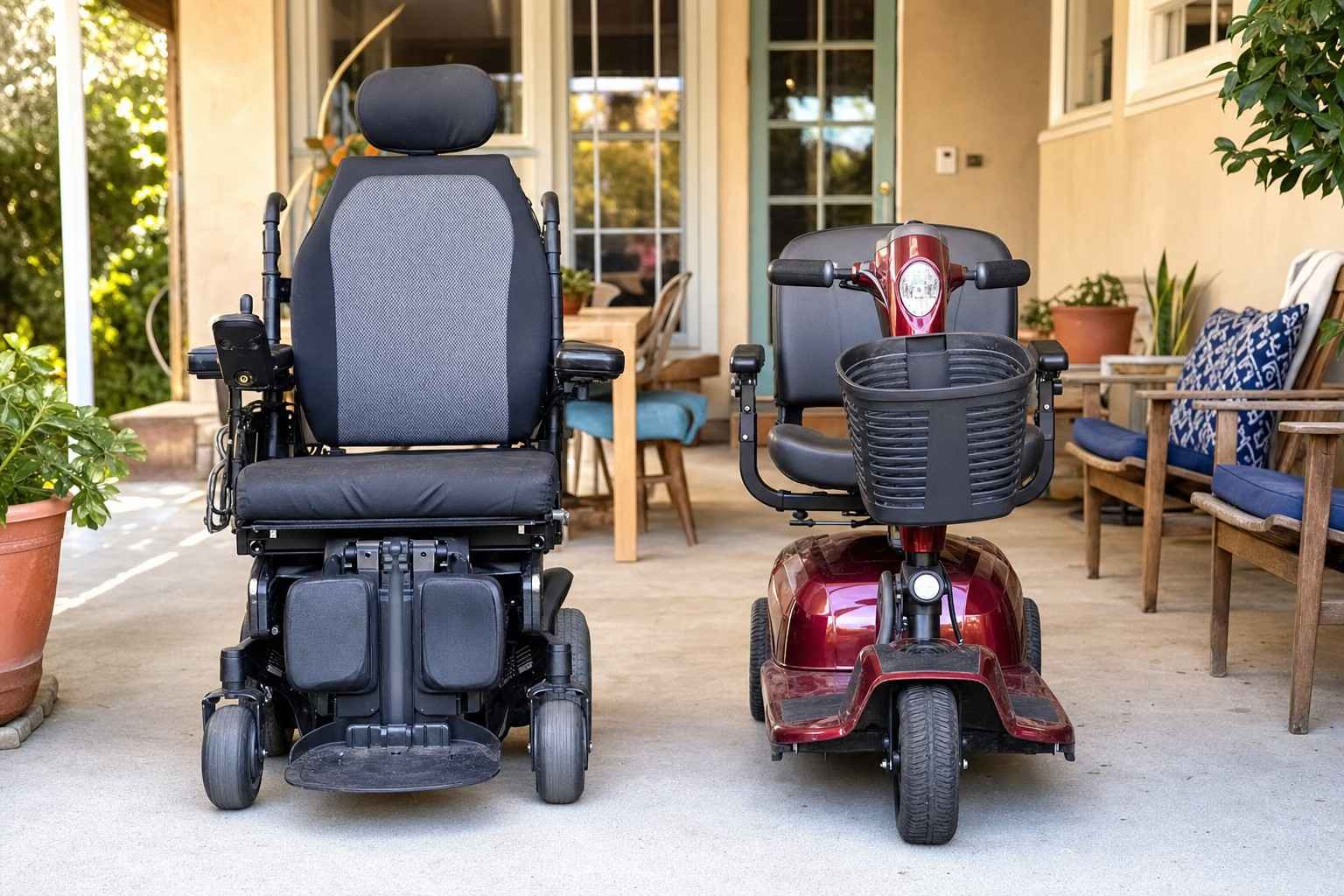 A power wheelchair and mobility scooter parked side by side.