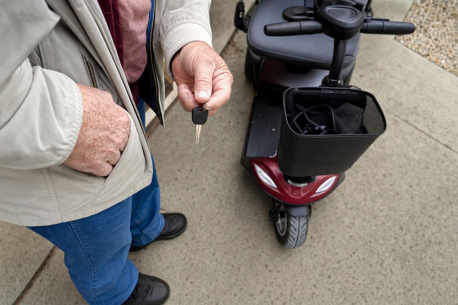 Hands holding a small key beside a mobility scooter on a driveway.