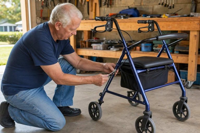 Hands adjusting the brake mechanism on a rollator walker.