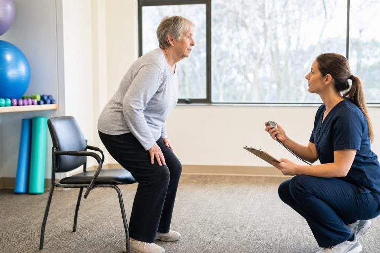 An older adult rising from a chair during a clinic fitness test.