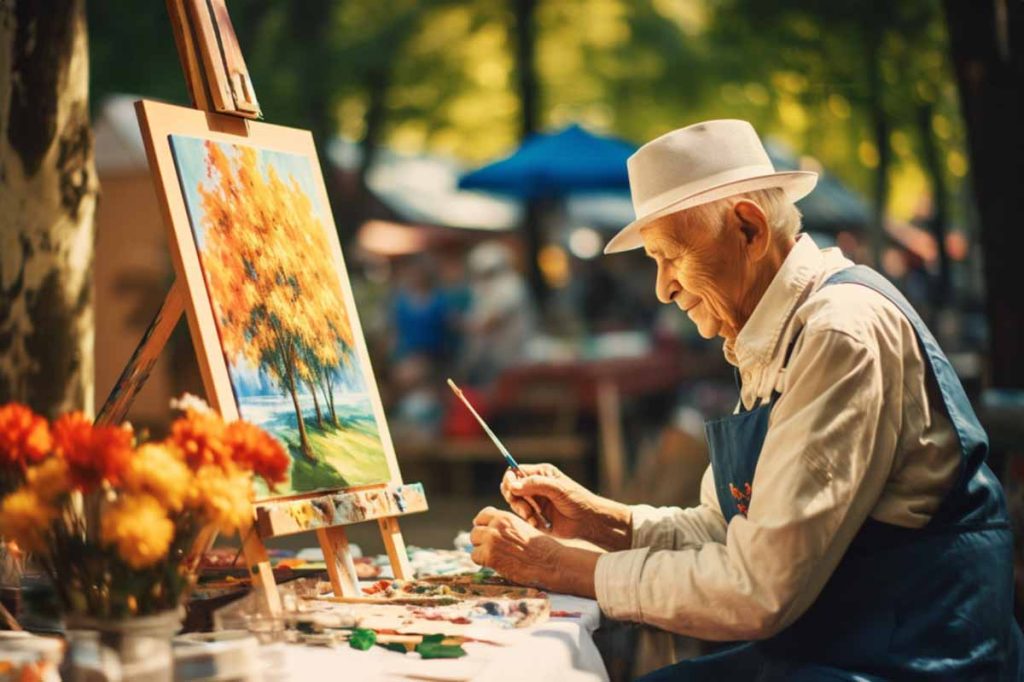 A senior painting outside in the sun as a hobby