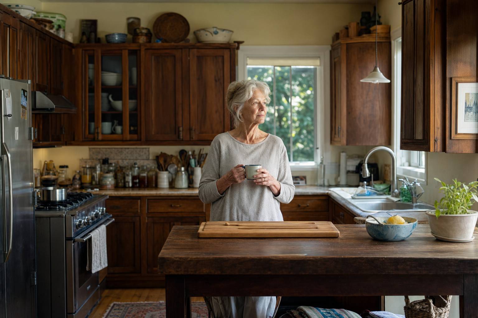 An older adult standing thoughtfully in the kitchen with coffee.