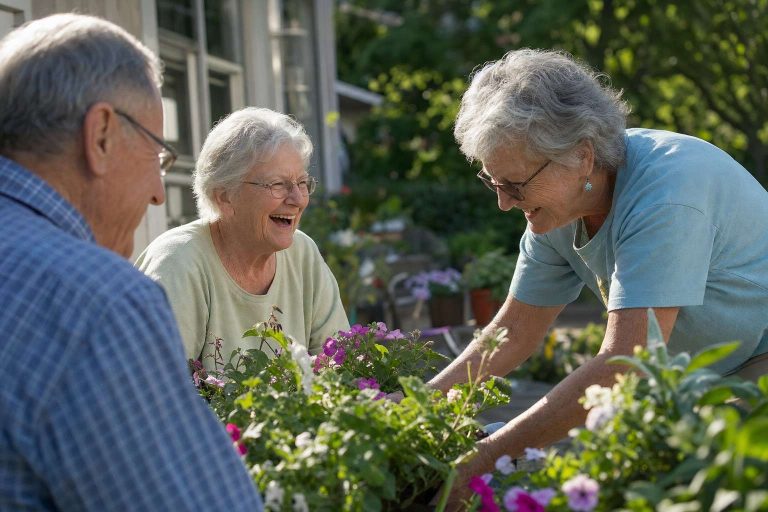 A group of older adults laughing together in a garden.
