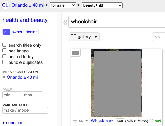 Finding a used wheelchair on Craigslist by filtering the location