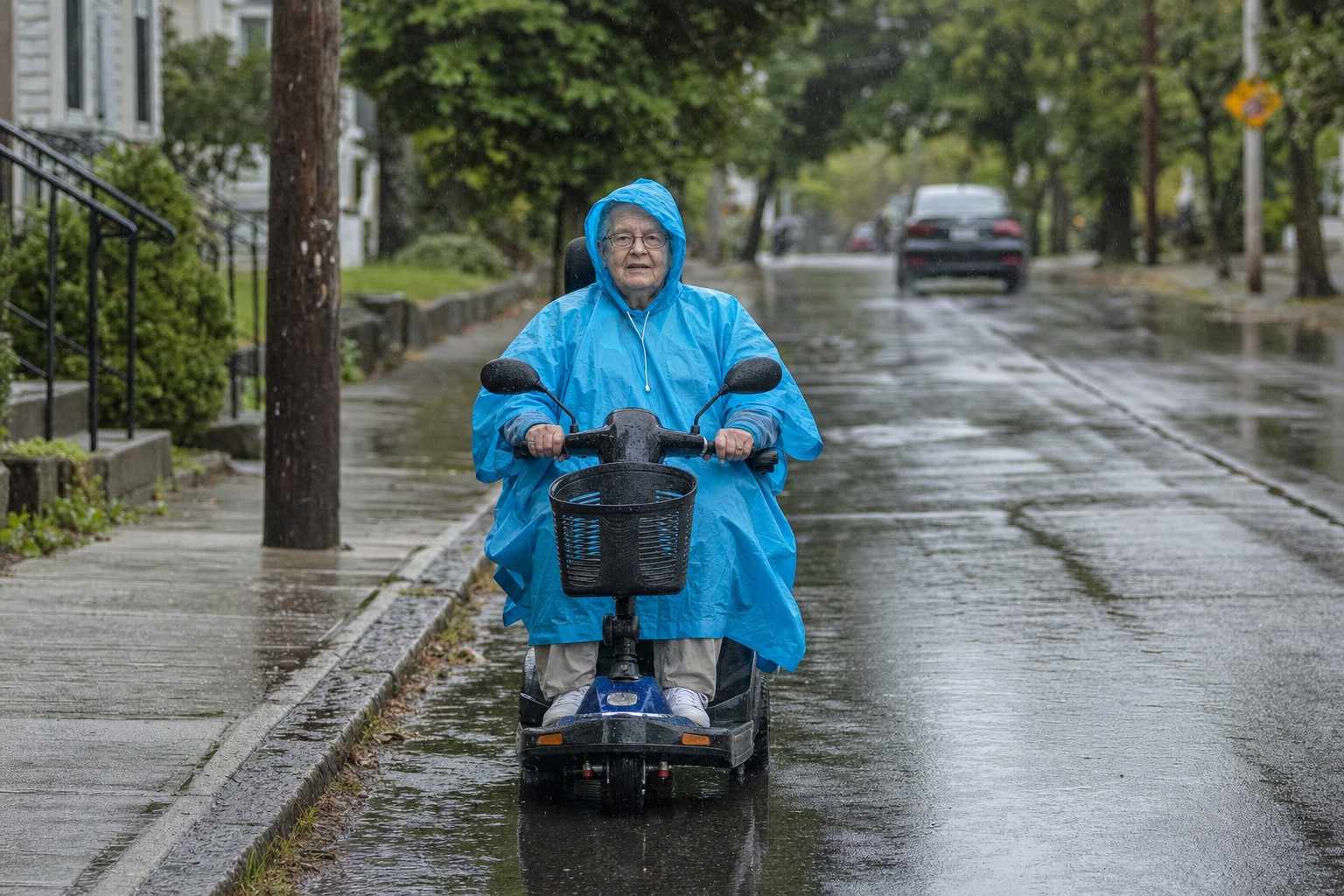 An older adult riding a mobility scooter in light rain.