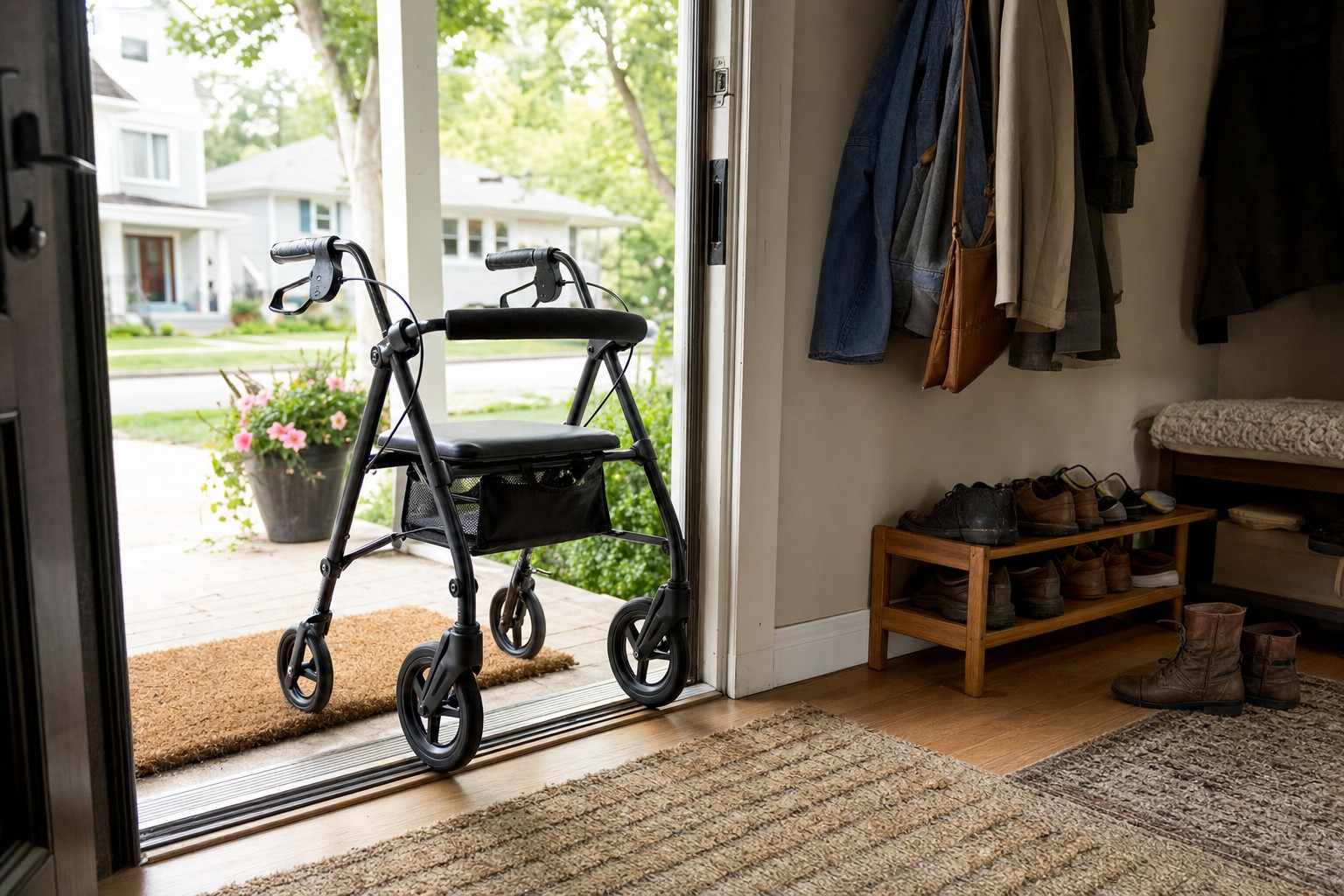 A wheeled walker standing in a home entryway near the door.