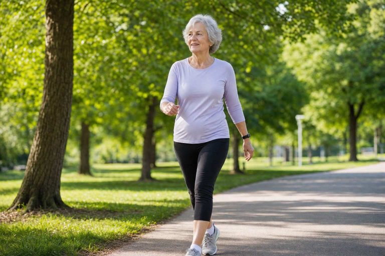 Older woman walking briskly on a sunlit park path