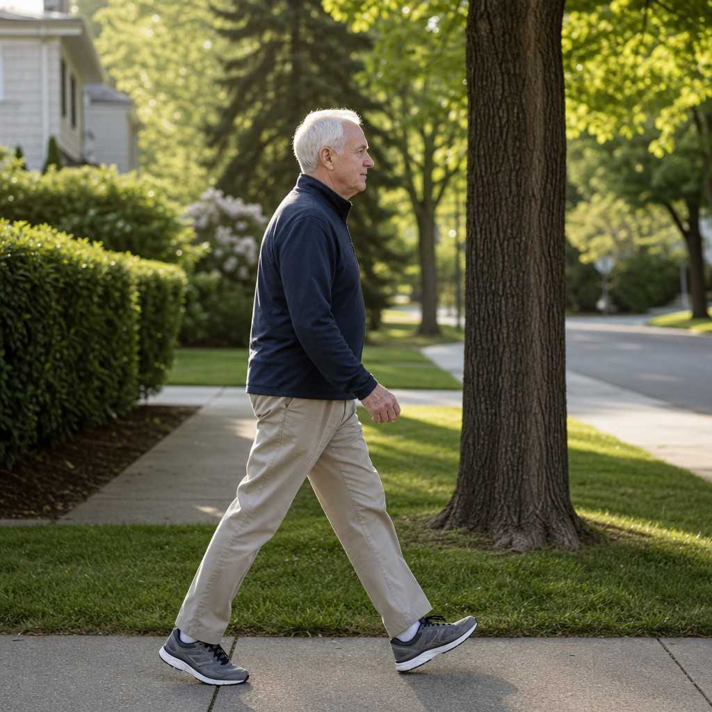 Older man walking briskly on a neighborhood sidewalk