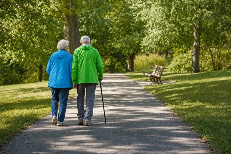Two older walkers seen from behind on a park path with a bench a short distance ahead