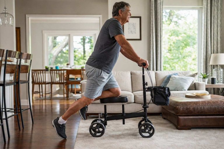 An older adult rolling a knee scooter through a living room.