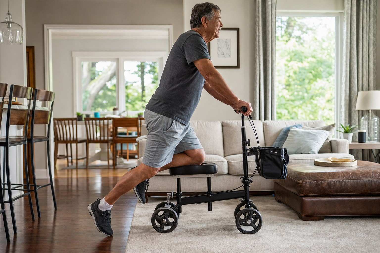 An older adult rolling a knee scooter through a living room.