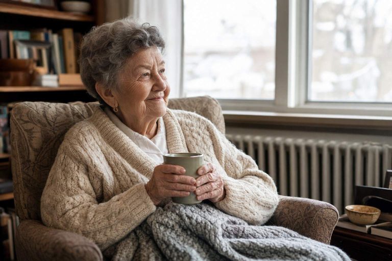 An older woman in a knitted cardigan sitting with a blanket over her lap and a warm drink